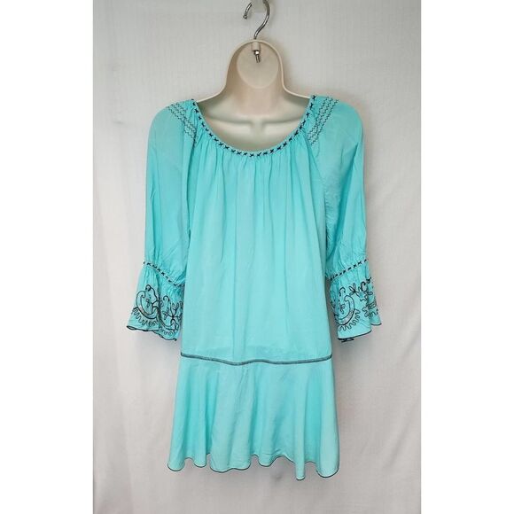 Woman's Tunic Top Blouse Aqua Blue Krista Lee Tranquil Embroidery Beaded Hi-Lo - Picture 9 of 11